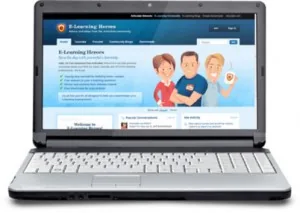 Schermata di un portatile che mostra una pagina web di una community e-learning con grafica chiara e personaggi illustrati