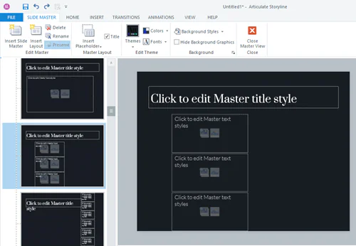 Esempio di layout master per corsi e-learning in Articulate Storyline con segnaposto per titolo e contenuti