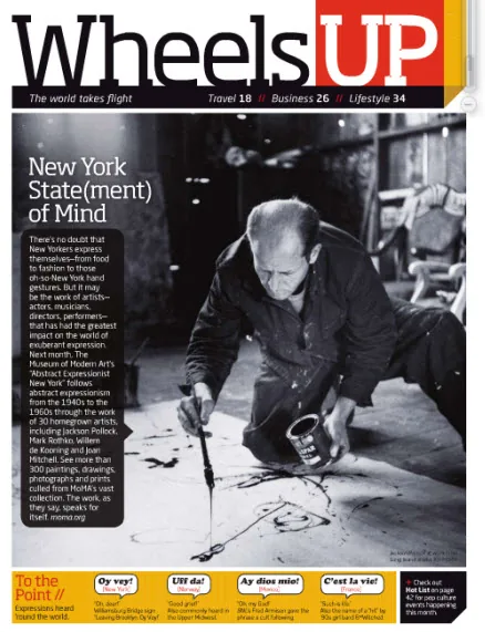 Pagina di rivista con layout moderno, colori a contrasto e foto in bianco e nero di un artista che dipinge