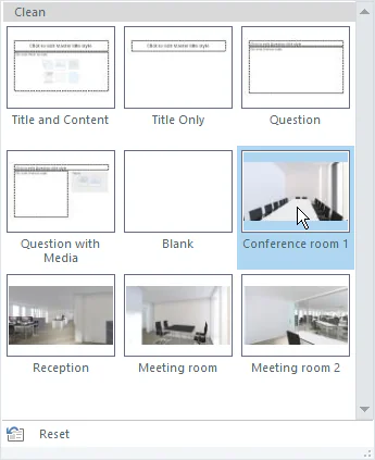 Selezione di layout per scenari interattivi con immagini di uffici e sale riunioni in Storyline 360