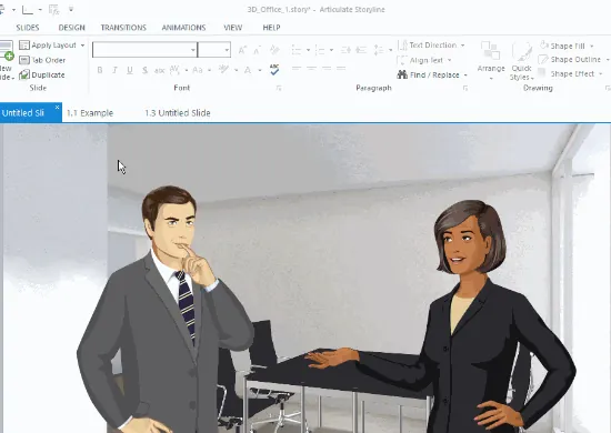 Due personaggi illustrati in un ufficio moderno mostrano un esempio di layout scenario interattivo in Articulate Storyline