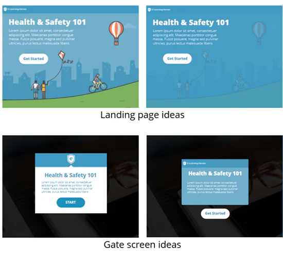 Esempi di layout per landing page e gate screen in un corso e-learning con branding aziendale