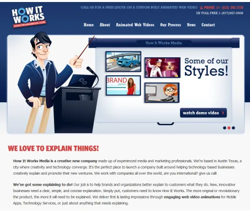 Pagina web con personaggio vettoriale, schermo e layout pulito con spazi bianchi e aree contenuto ben definite