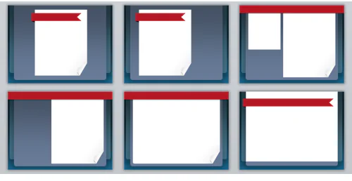Sei layout di slide PowerPoint con sfondo blu, area bianca per contenuti e nastro rosso decorativo in alto