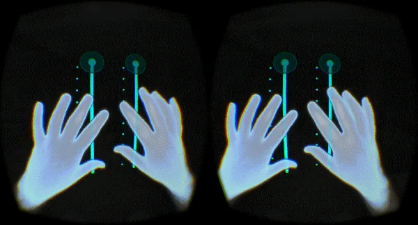 Due mani virtuali in ambiente 3D simulano il tracciamento dei gesti tramite Leap Motion per interazione naturale