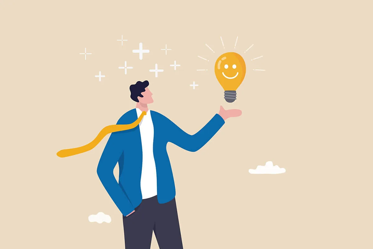 Persona stilizzata con lampadina sorridente in mano, simbolo di apprendimento integrato e idee innovative nel lavoro
