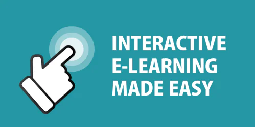 Mano stilizzata che clicca su uno schermo con testo interactive e-learning made easy