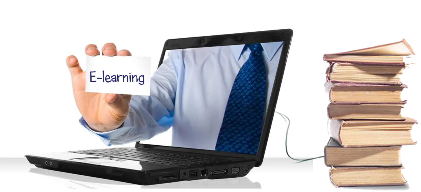 Mano che esce da un laptop con un cartello E-learning accanto a una pila di libri collegati
