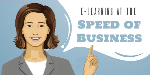 Donna che indica una nuvoletta con la scritta e-learning at the speed of business, concetto di rapid e-learning