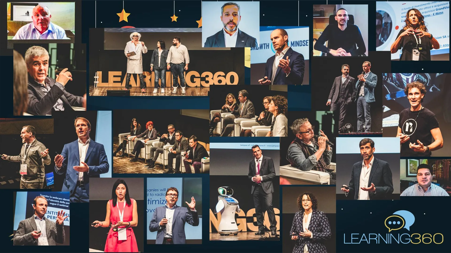 Collage di relatori e momenti salienti dell’evento LEARNING360 2018 dedicato al digital learning