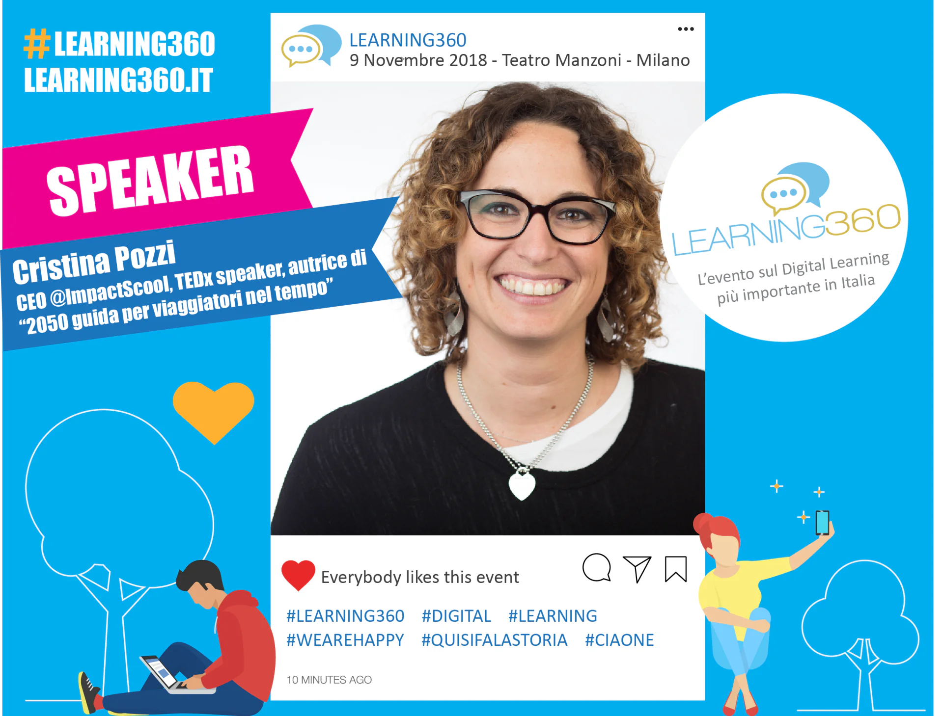 Visual promozionale con Cristina Pozzi, speaker a LEARNING360, con dettagli sull’evento e focus su digital learning