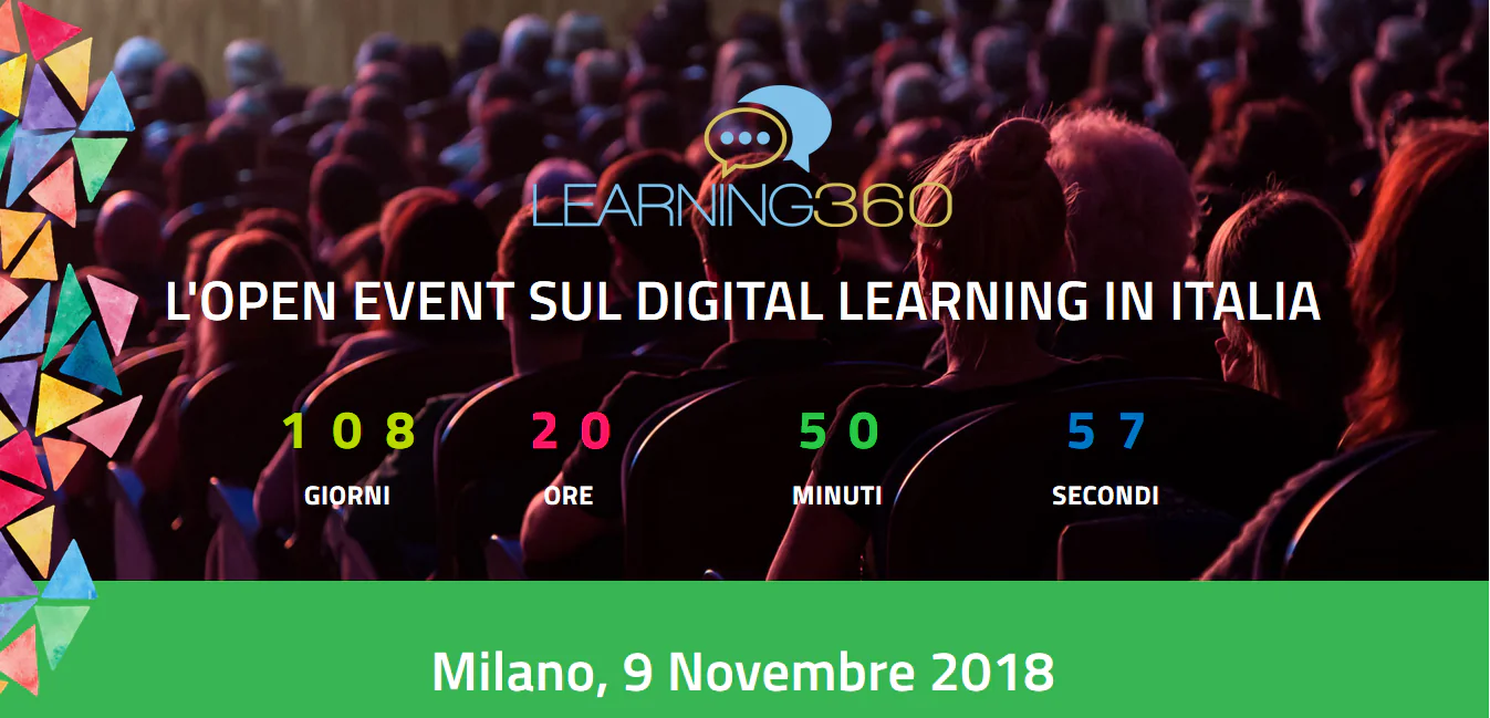 Pubblico seduto in platea con logo Learning360 e countdown per l’evento di digital learning a Milano