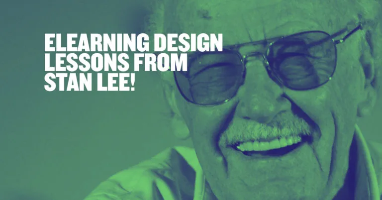 Primo piano sorridente di Stan Lee con occhiali da sole e testo sulle lezioni di design e-learning