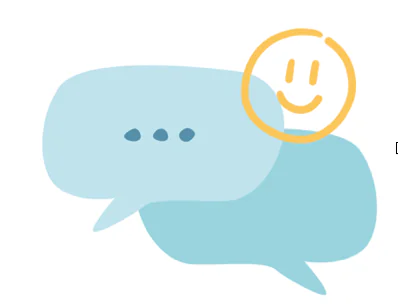 Due balloon di dialogo azzurri e un volto sorridente stilizzato simboleggiano comunicazione semplice e amichevole