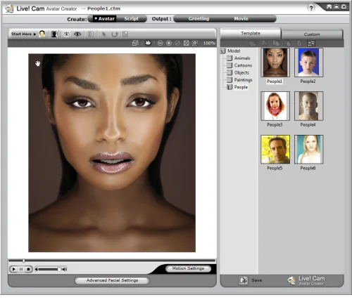 Interfaccia del software Live! Cam Avatar Creator con avatar umano modificabile e selezione di modelli a destra