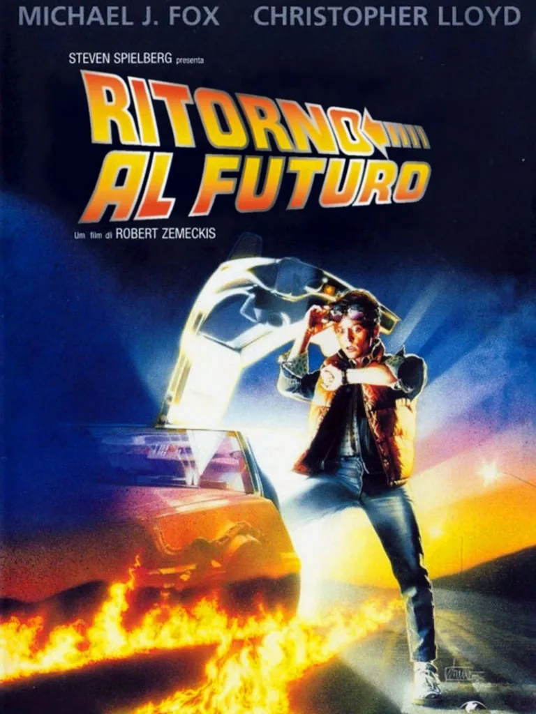 Locandina del film Ritorno al Futuro con protagonista accanto alla DeLorean e titolo in evidenza