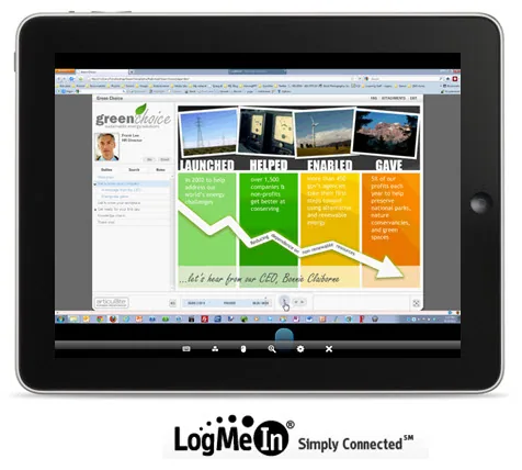 Tablet che mostra una sessione remota LogMeIn con presentazione PowerPoint su mobile learning