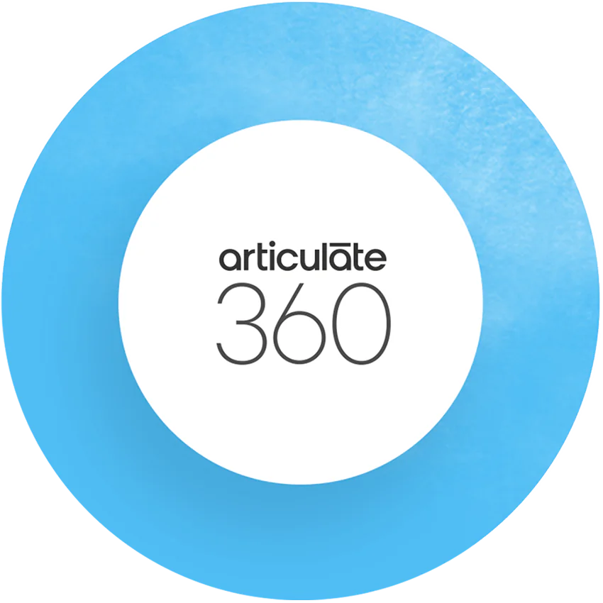 Logo Articulate 360 con anello azzurro, rappresenta la suite di strumenti per e-learning e aggiornamenti software