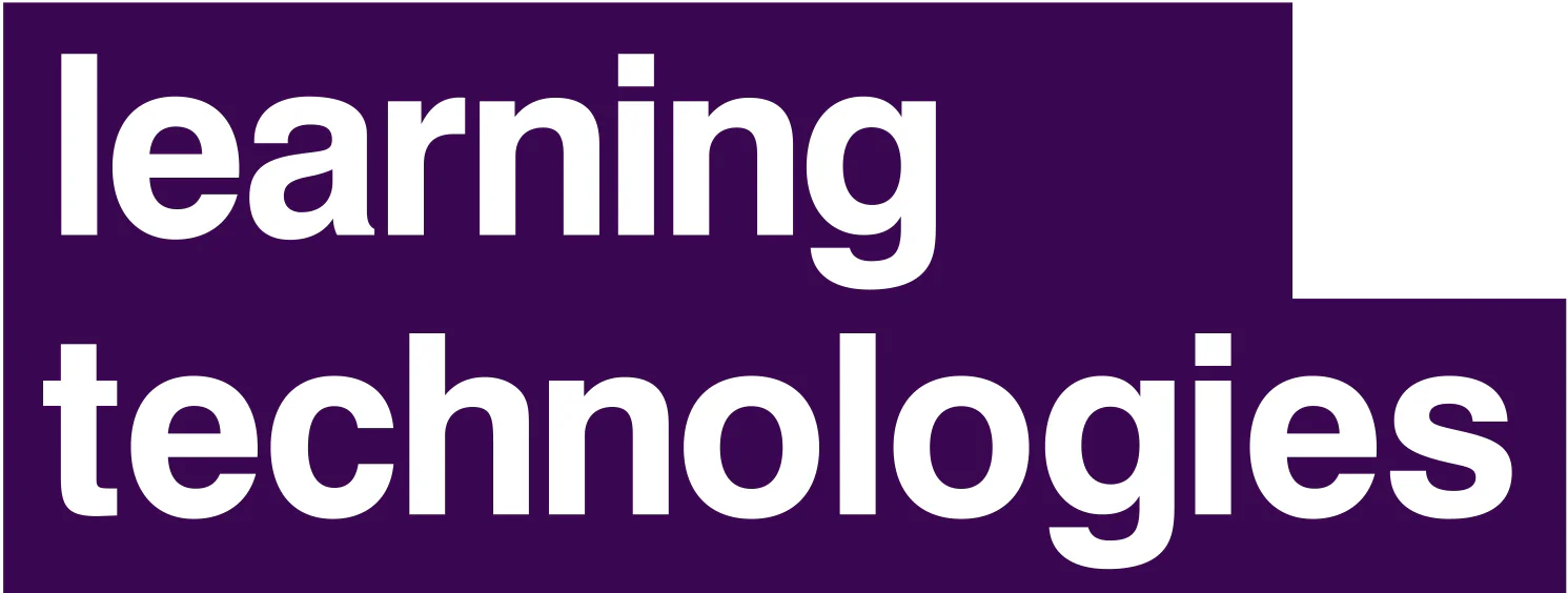 Logo Learning Technologies con testo bianco su sfondo viola, simbolo della fiera sul digital learning