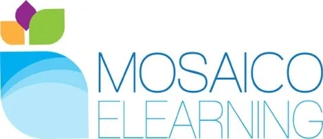 Logo Mosaicoelearning con elementi grafici colorati e testo, simbolo del successo nel digital learning italiano