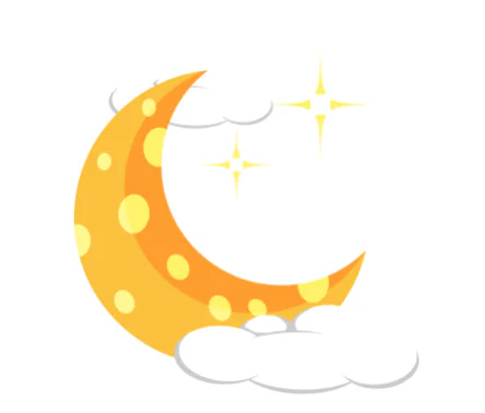 Luna stilizzata gialla con nuvole e stelle su sfondo bianco, simbolo di creatività nello storytelling digitale