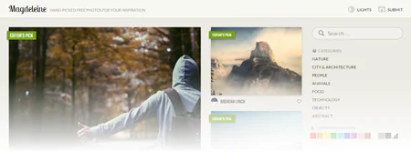 Anteprima della homepage di Magdeleine con foto gratuite e filtri per categorie e colori utili per corsi e-learning