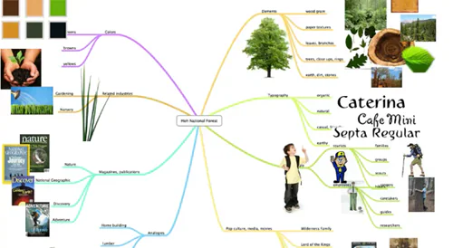 Schema a rami colorati con immagini e parole chiave che illustra la struttura del design visivo nei corsi eLearning
