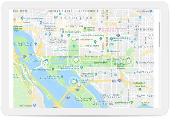 Mappa di Washington D.C. con marcatori e numerose etichette visibili su sfondo urbano