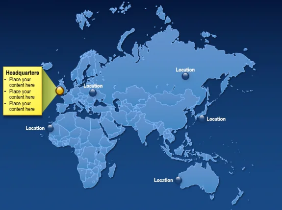 Mappa del mondo blu con callout e pin che evidenziano sedi e punti di interesse per corsi e-learning