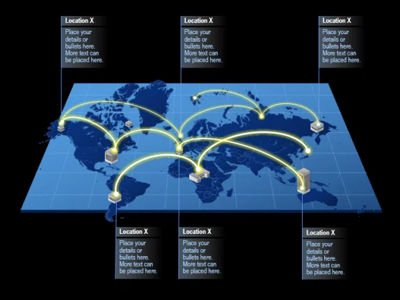 Mappa del mondo con edifici, pin e linee che collegano diverse località per illustrare connessioni nei corsi e-learning