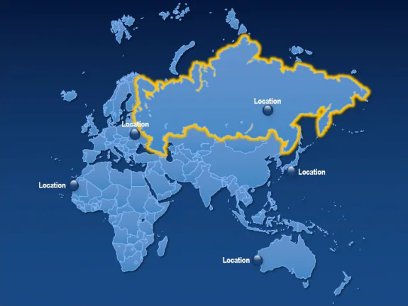 Mappa del mondo con una nazione evidenziata da un bordo giallo e indicatori di posizione per l’uso in corsi e-learning