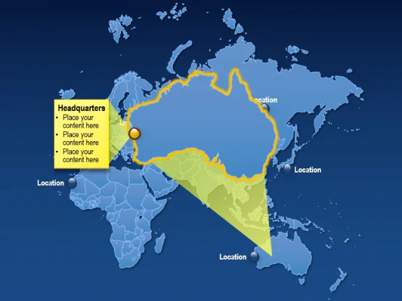 Mappa del mondo con l’Australia ingrandita tramite callout traslucido e punti di localizzazione per corsi e-learning