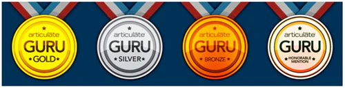 Quattro medaglie colorate Articulate Guru Award che rappresentano i premi ai migliori progetti eLearning