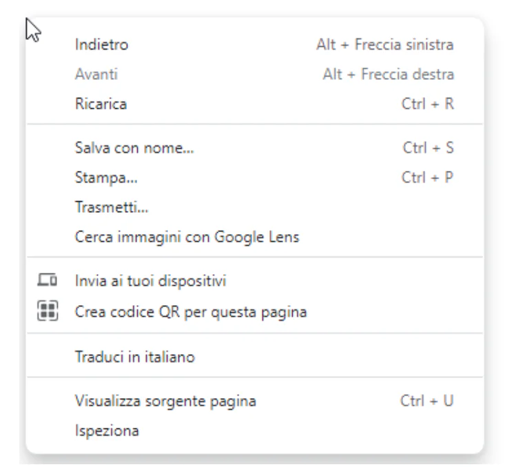 Menu contestuale di Google Chrome in italiano con l’opzione per creare un codice QR per la pagina web
