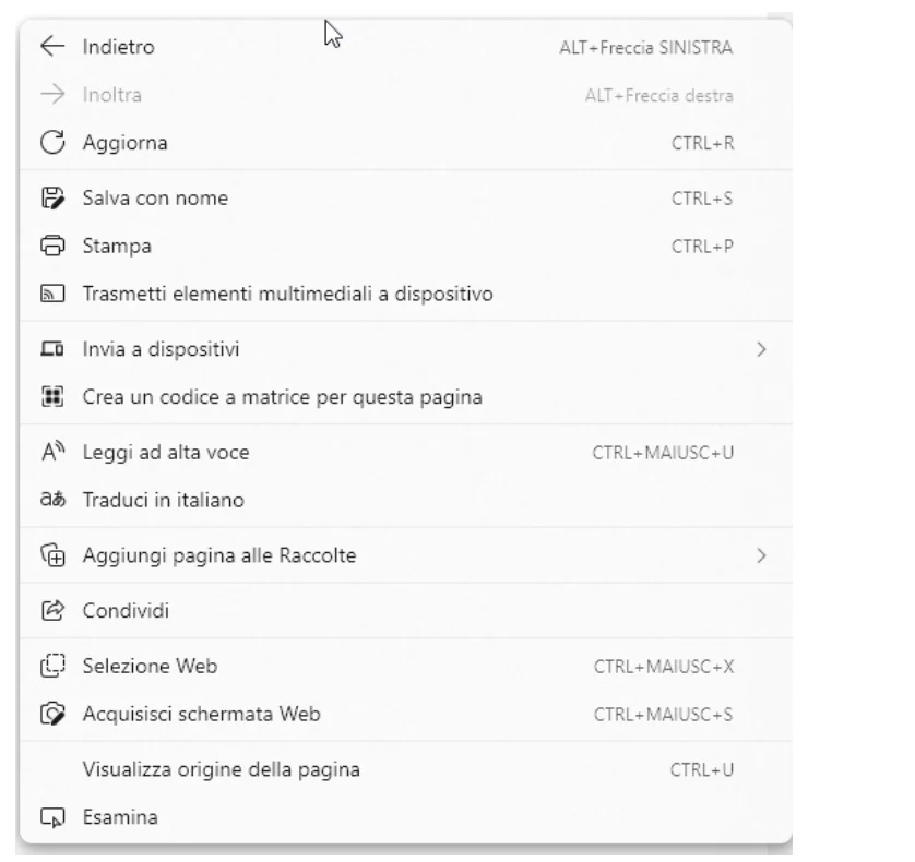 Menu contestuale di Microsoft Edge con l'opzione per creare un codice QR per la pagina visualizzata