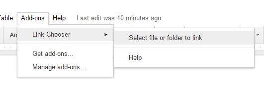 Menu a tendina di Google Docs che mostra la voce Add-ons con Link Chooser per selezionare file o cartelle da collegare