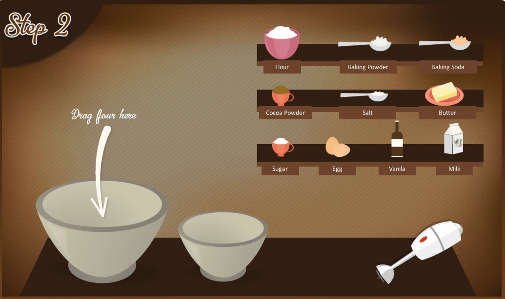 Interfaccia illustrata che mostra ingredienti e utensili da cucina come metafora visiva per un corso e-learning
