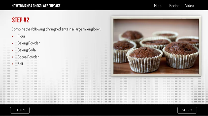 Slide e-learning che usa la ricetta dei cupcake come metafora visiva con elenco ingredienti e foto di cupcake
