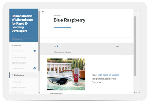 Corso Rise che mostra una lezione sui microfoni per e-learning con focus su Blue Raspberry e dettagli tecnici