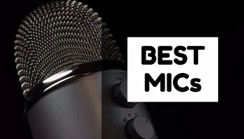 Microfono a condensatore in primo piano accanto alla scritta Best Mics per narrazione audio nei corsi e-learning