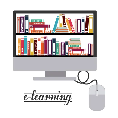 Monitor con scaffali di libri digitali e la scritta e-learning rappresenta la varietà di contenuti brevi per il microlearning