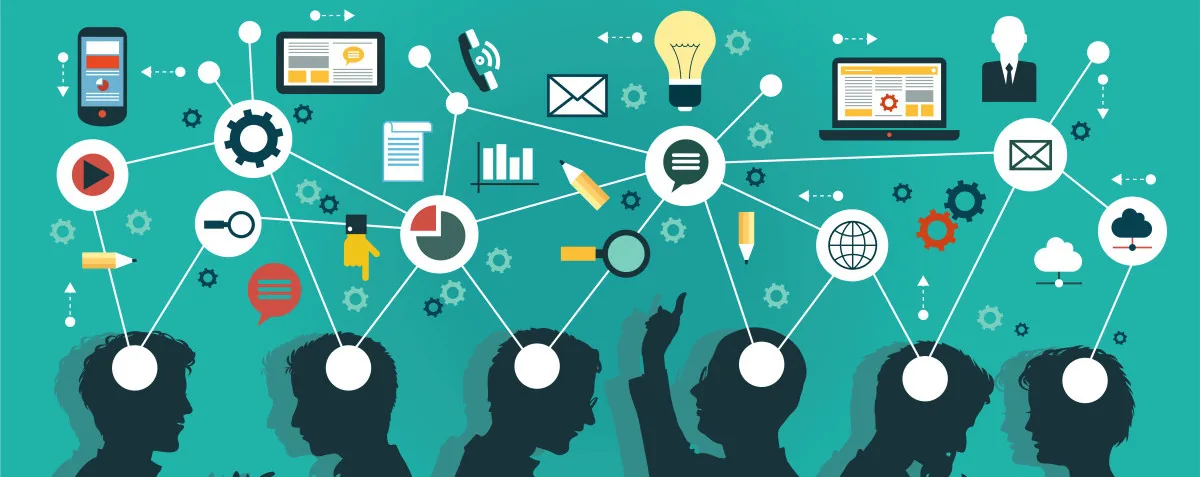 Persone stilizzate collegate a icone digitali che rappresentano strumenti e concetti del microlearning