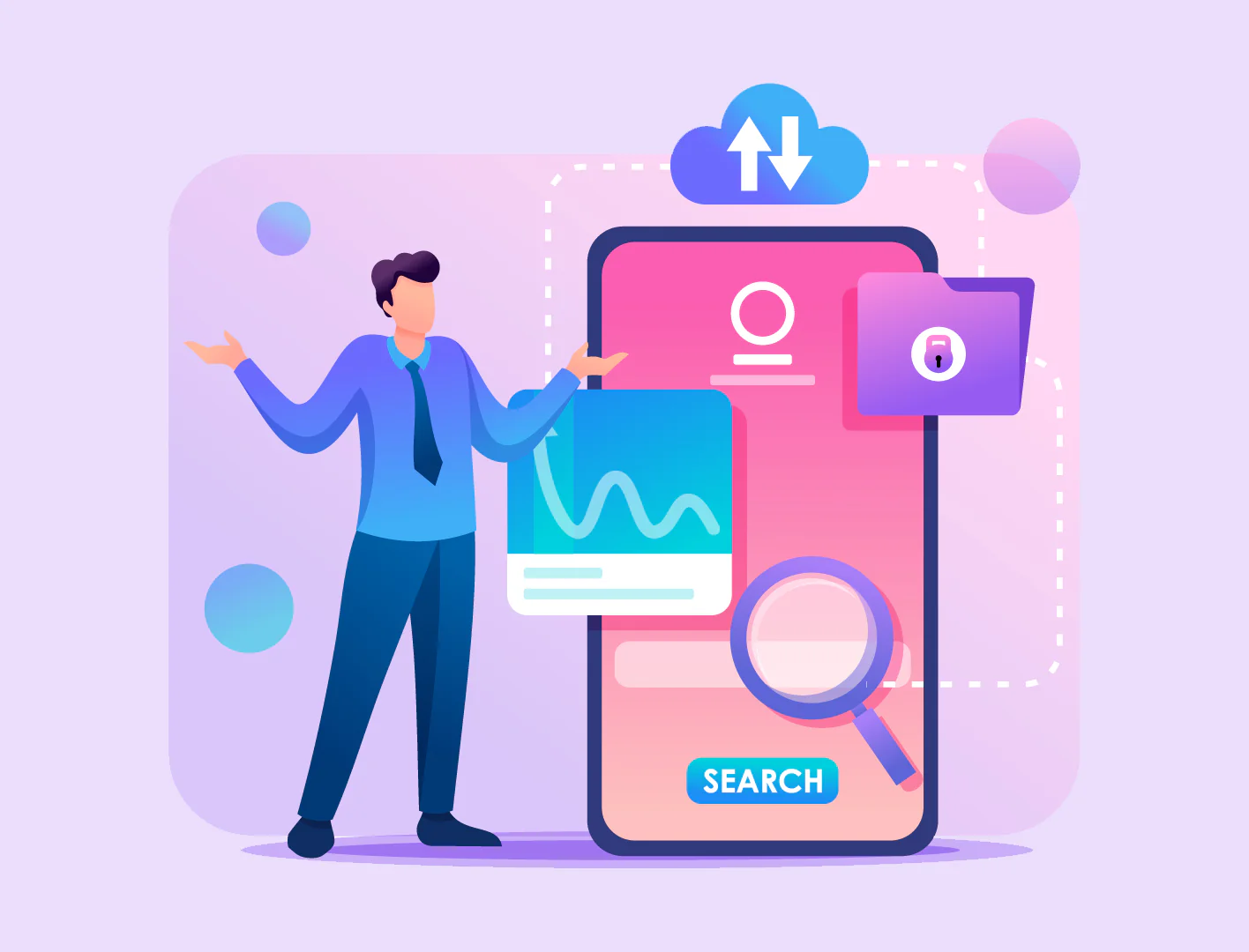 Persona stilizzata accanto a uno smartphone gigante con icone digitali che rappresentano microlearning e social media