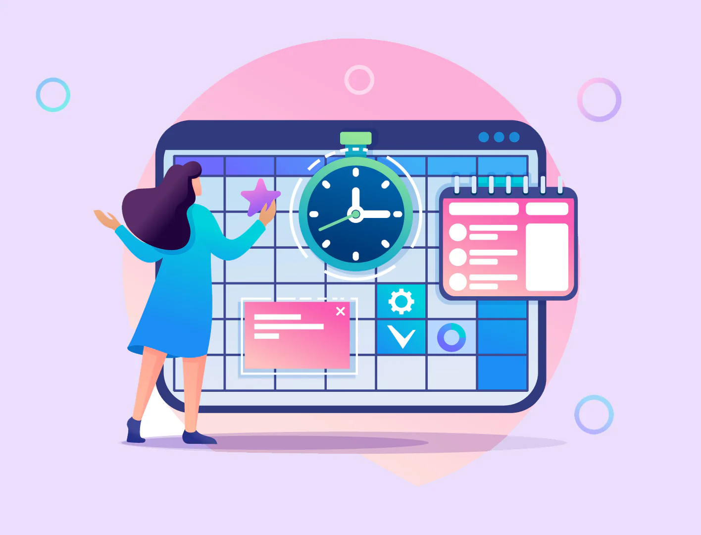Donna davanti a uno schermo digitale con calendario, orologio e icone che simboleggiano microlearning e gestione del tempo