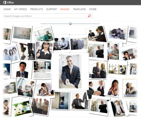 Schermata della ricerca immagini in Microsoft Office con foto stock di persone in ambito lavorativo per l’uso in PowerPoint