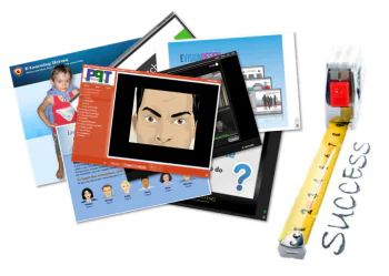 Collage di schermate di corsi e-learning accanto a un metro che simboleggia la misurazione dei risultati