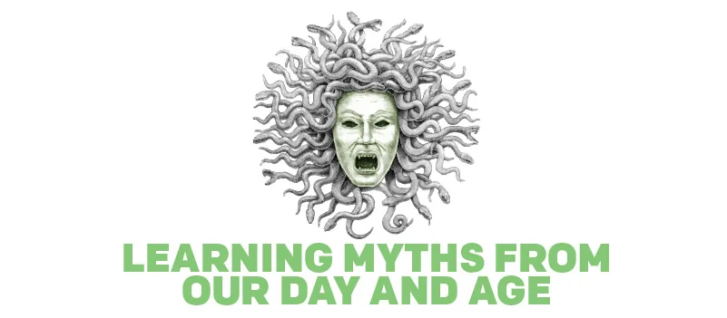 Testa di Medusa stilizzata sopra la scritta learning myths from our day and age a tema formazione aziendale
