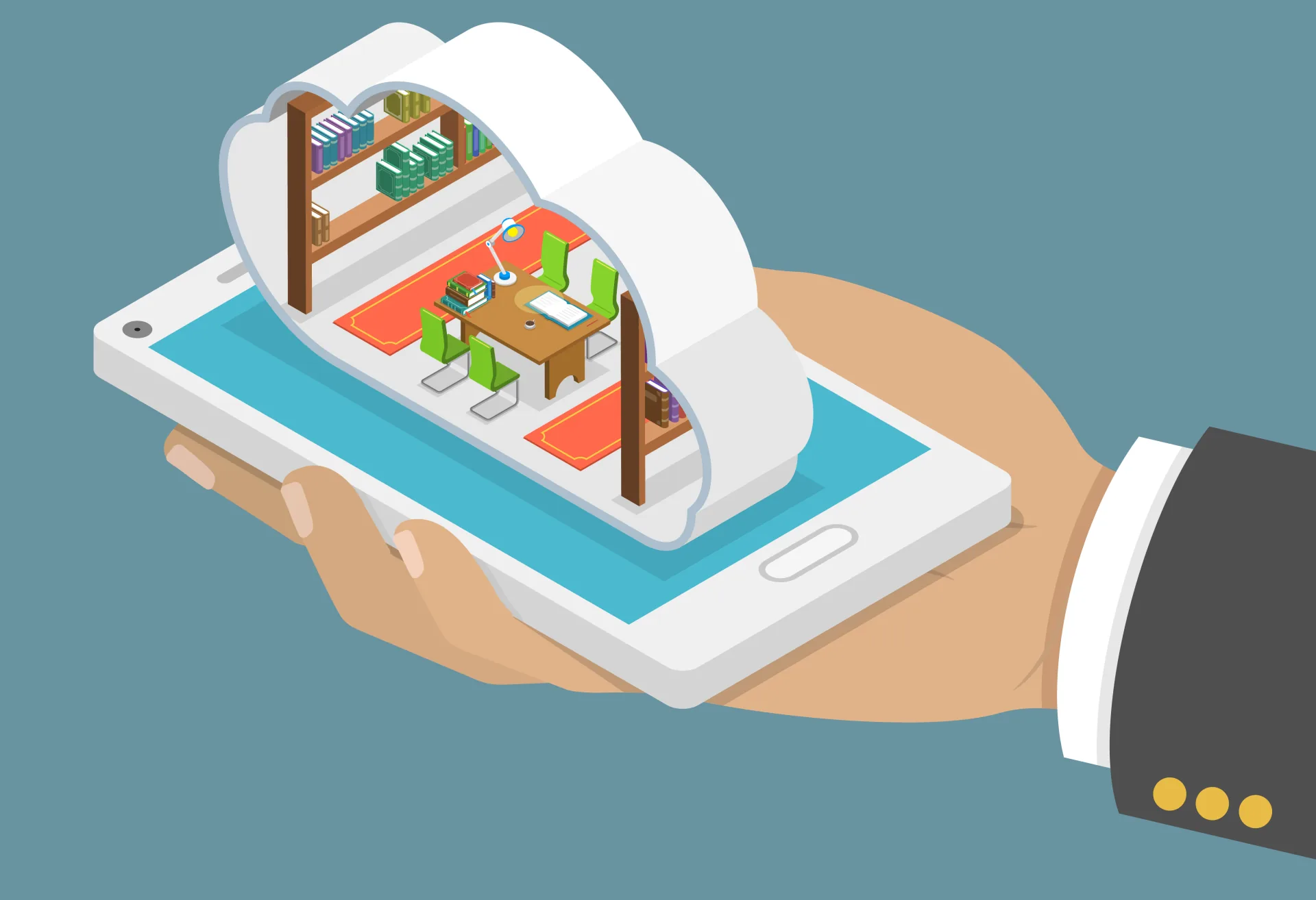Illustrazione di una mano che tiene uno smartphone da cui emerge una biblioteca digitale, simbolo di apprendimento mobile