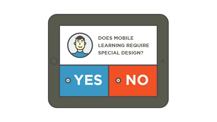 Tablet con domanda sulla progettazione mobile learning e due pulsanti di risposta yes e no