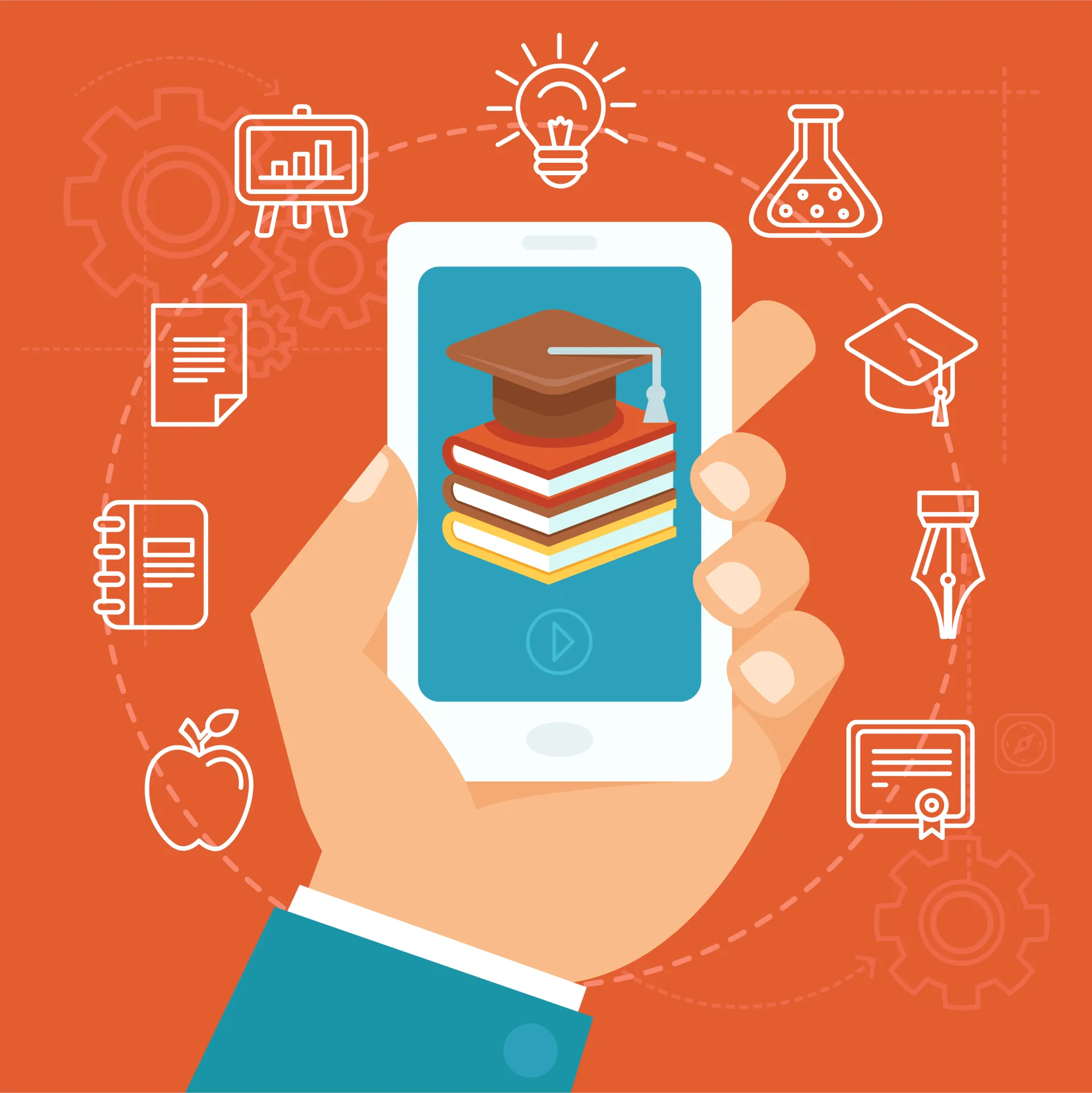 Mano che tiene uno smartphone con icona di libri e tocco accademico, circondato da simboli di apprendimento digitale